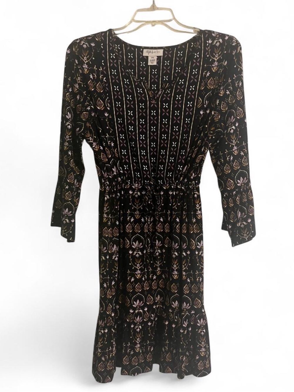 Style & co Black Floral Midi Dress with tie Waist - petite medium. New with tags